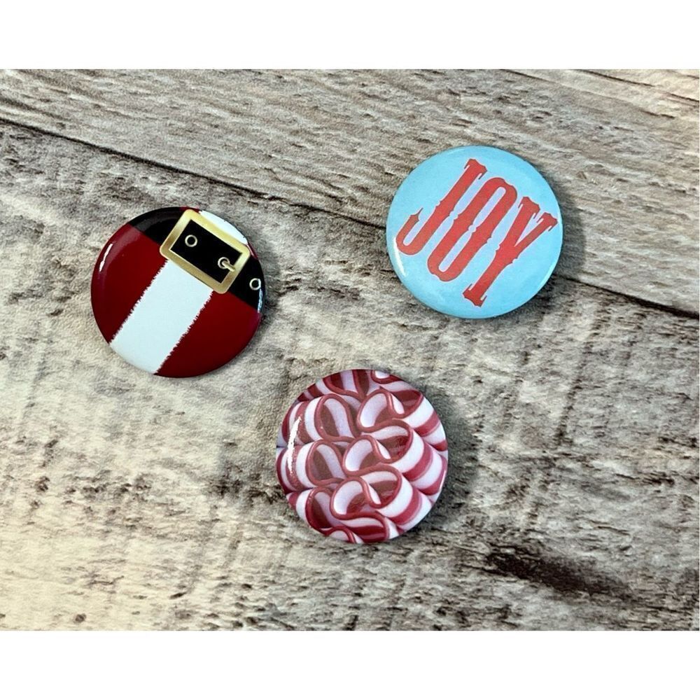 Christmas Holiday Santa Suit, Candy Cane, "Joy" Button‎ Pin Lot of 3